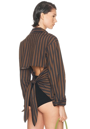 SIMONMILLER Loch Poplin Button Up Shirt in Black & Choco Brown Stripe - Brown. Size L (also in ).