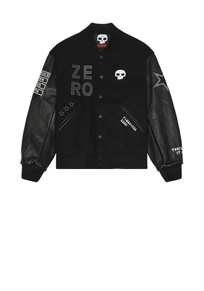 Pleasures x Zero Skateboards Varsity Jacket in Black - Black. Size L (also in M, S, XL/1X).