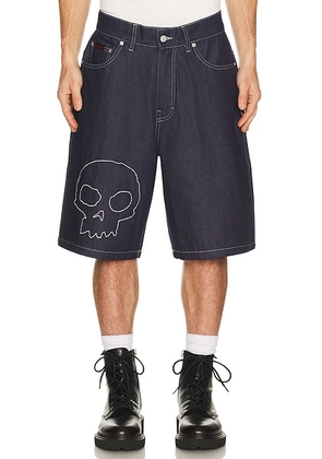 Pleasures x Zero Skateboards Skull Jorts in Denim - Blue. Size 30 (also in 32, 34, 36).