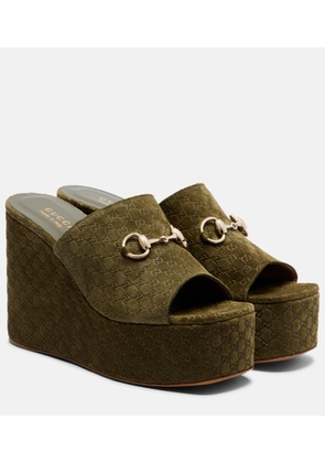 Gucci Horsebit GG suede wedge mules