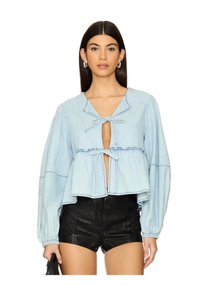 Free People Denim Brunch Babe Blouse in Blue. Size L. Also in S.