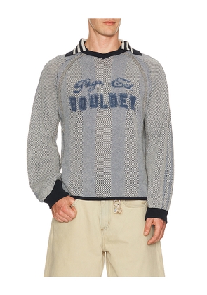 ISA BOULDER Athletic Stripe Sweater in Blue. Size L. Also in M, S, XL/1X.
