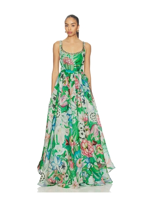 LA FUORI Tropical Rhapsody Printed Gown in Green. Size L. Also in M, S, XL.