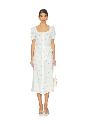 Sleeper Brigitte Linen Midi Dress in White,Blue. Size L. Also in M, S, XL, XS.