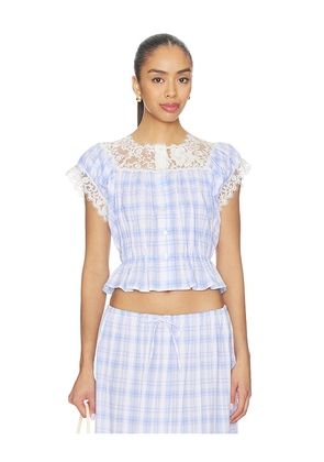Yuhan Wang Lace Trim Button Check Top in Blue,White. Size L. Also in M, S, XL.