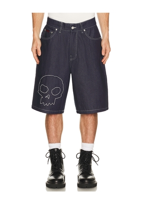 Pleasures x Zero Skateboards Skull Jorts in Blue. Size 30. Also in 32, 34, 36.