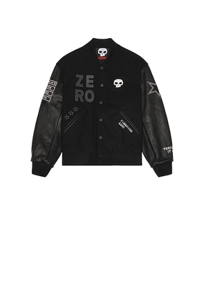 Pleasures x Zero Skateboards Varsity Jacket in Black. Size L. Also in M, S, XL/1X.