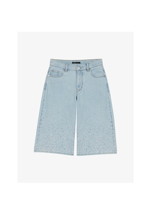 Womens Maje Rhinestone-Embellished Denim Bermuda Shorts