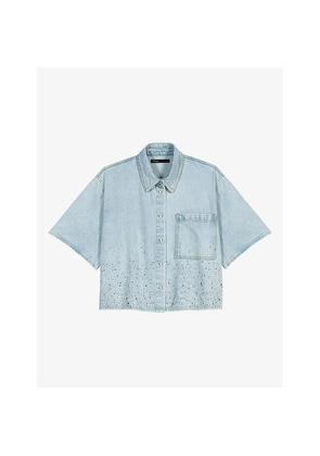 Womens Maje Short-Sleeved Rhinestone-Embellished Denim Shirt