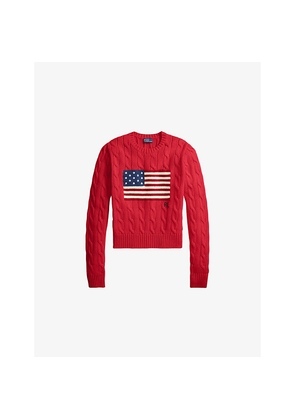 Womens Polo Ralph Lauren Flag-Intarsia Cable-Knit Cotton Jumper