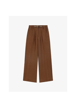 Womens Maje Wide-Leg Belted Linen Trousers