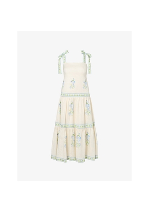 Womens Malina Stefania Flower-Embroidery Linen-Blend Midi Dress