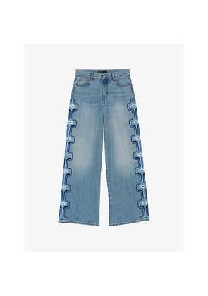 Womens Maje Floral-Embroidered Wide-Leg Denim Jeans