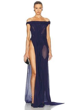 Di Petsa Wetlook Off Shoulder Long Dress in Navy - Navy. Size L (also in ).