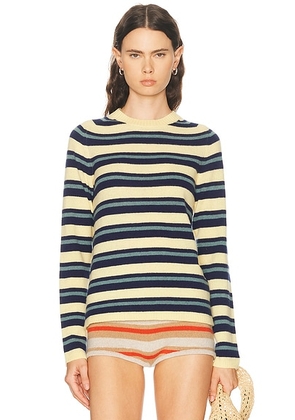 The Elder Statesman Laurel Stripe Crew Sweater in Cypress Stripe - Lemon,Blue. Size L (also in M, S, XS).