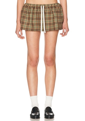 Miu Miu Drawstring Waist Mini Skirt in Cammello & Tabacco - Olive. Size 42 (also in ).