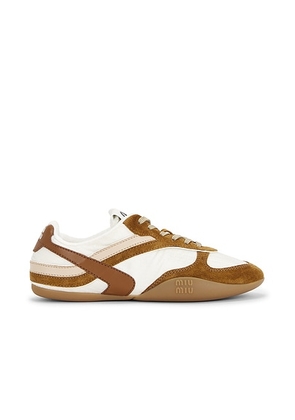 Miu Miu Gymnasium Nylon Tech Sneaker in Talco & Cannella - White,Brown. Size 36 (also in 36.5, 37, 38, 39.5, 40).