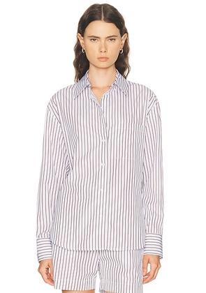 Loulou de Saison Maud Oversized Button Down Top in Dark Red & Light Blue Stripes - Baby Blue,Brown. Size 34 (also in 36, 38, 40, 42).