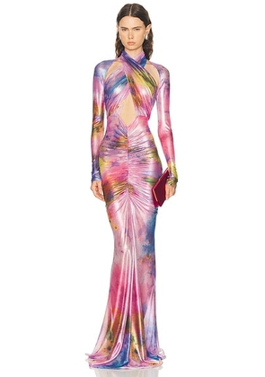 Lapointe Printed Metallic Mesh Halter Ruched Gown in Multi - Fuchsia. Size L (also in M).