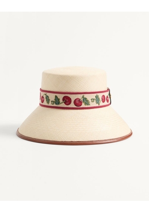 Valentino Garavani Cherryfic Straw Bucket Hat With Leather Trim And Cherryfic Ribbon Woman NATURAL/SADDLE BROWN 55