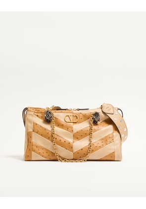 Valentino Garavani Valentino Garavani Panthea Medium Shoulder Bag In Ostrich And Nappa Leather With A Chevron Pattern Woman TOBACCO/GOLD BEIGE UNI
