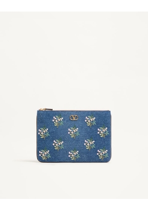 Valentino Garavani Valentino Garavani Vlogo Signature Clutch Bag In Denim With Floral Embroidery Woman DENIM UNI