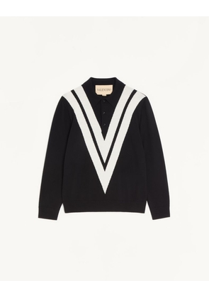 Valentino Valentino Wool Polo Shirt With Inlaid V Man BLACK/BUTTER 3XL