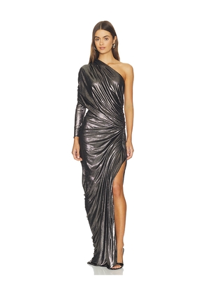 Atlein One Sleeve Draped Gown in Metallic Silver. Size 36. Also in 38, 40.
