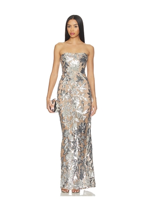 Bronx and Banco Dahlia Strapless Maxi Dress in Metallic Silver. Size L. Also in M, S, XL, XS.