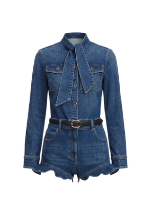 Self-Portrait pussy-bow ruffled playsuit - Blue