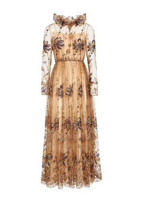 Giambattista Valli embroidered-flowers tulle-ruffle midi dress - Brown