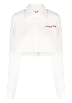 Marni slogan-embroidered long-sleeve cropped shirt - Neutrals