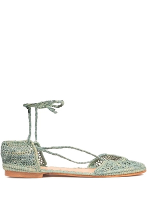SLO_HAND_MADE lace-up raffia ballet flats - Green