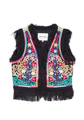 Antik Batik Rainbow floral-embroidered fringe vest - Black