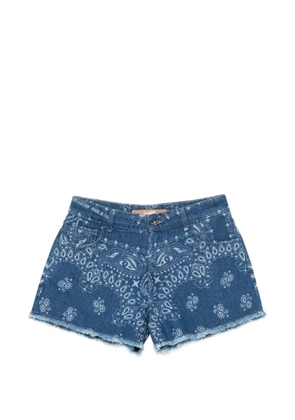 DON'T @ ME paisley-print frayed-hem denim shorts - Blue