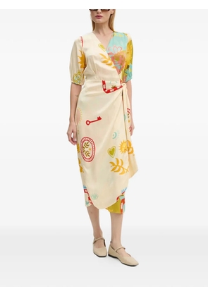 NEVER FULLY DRESSED Vienna V-neck printed wrap midi dress - Neutrals