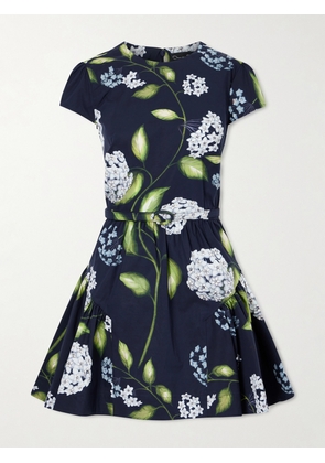 Oscar de la Renta - Belted Tiered Floral-print Cotton-blend Poplin Mini Dress - Blue - US0,US2,US4,US6,US8,US10