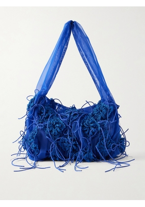 Pauline Dujancourt - Fringed Crochet And Lace-trimmed Organza Shoulder Bag - Blue - One size