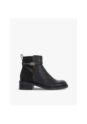 Womens Dune Praisley Brand-Buckle Block-Heel Leather Ankle Boots