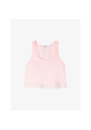 Womens Sandro Scoop-Neck Lace-Hem Satin Top