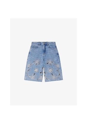 Womens Sandro Floral-Embroidered Denim Bermuda Shorts