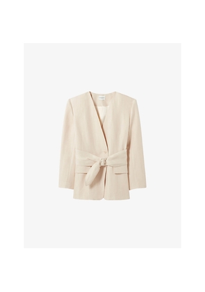 Womens Claudie Pierlot Belted Kimono-Collar Linen-Blend Jacket