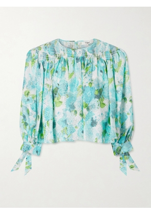 Chloé - Cropped Smocked Floral-print Silk-jacquard Blouse - Blue - FR 36,FR 38,FR 40,FR 42,FR 44
