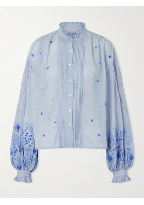 Thierry Colson - Slava Ruched Pleated Embroidered Cotton-voile Shirt - Blue - x small,small,medium,large,x large