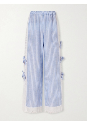 Loretta Caponi - Clarissa Bow-embellished Striped Broderie Anglaise-trimmed Linen Straight-leg Pants - Blue - x small,small,medium,large,x large
