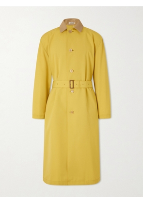 Auralee - Belted Leather-Trimmed Wool-Canvas Trench Coat - Men - Yellow - 3