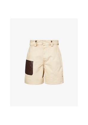 Mens Loewe Turn-Up Leather Logo-Patch Cotton Shorts