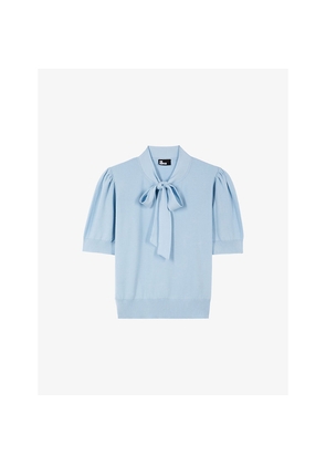 Womens The Kooples Tie-Neck Short-Sleeve Cotton-Blend Jumper