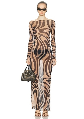Emilio Pucci Long Sleeve Maxi Dress in Nero & Beige - Tan,Black. Size 40 (also in 42).