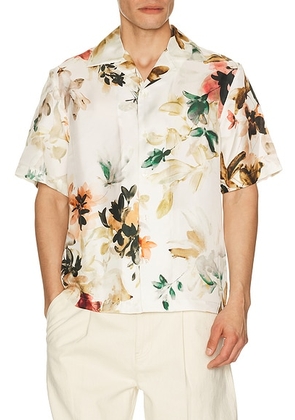 SIMKHAI Casper Printed Silk Shirt in Ivory Watercolor Floral - Beige. Size L (also in M, S, XL/1X).